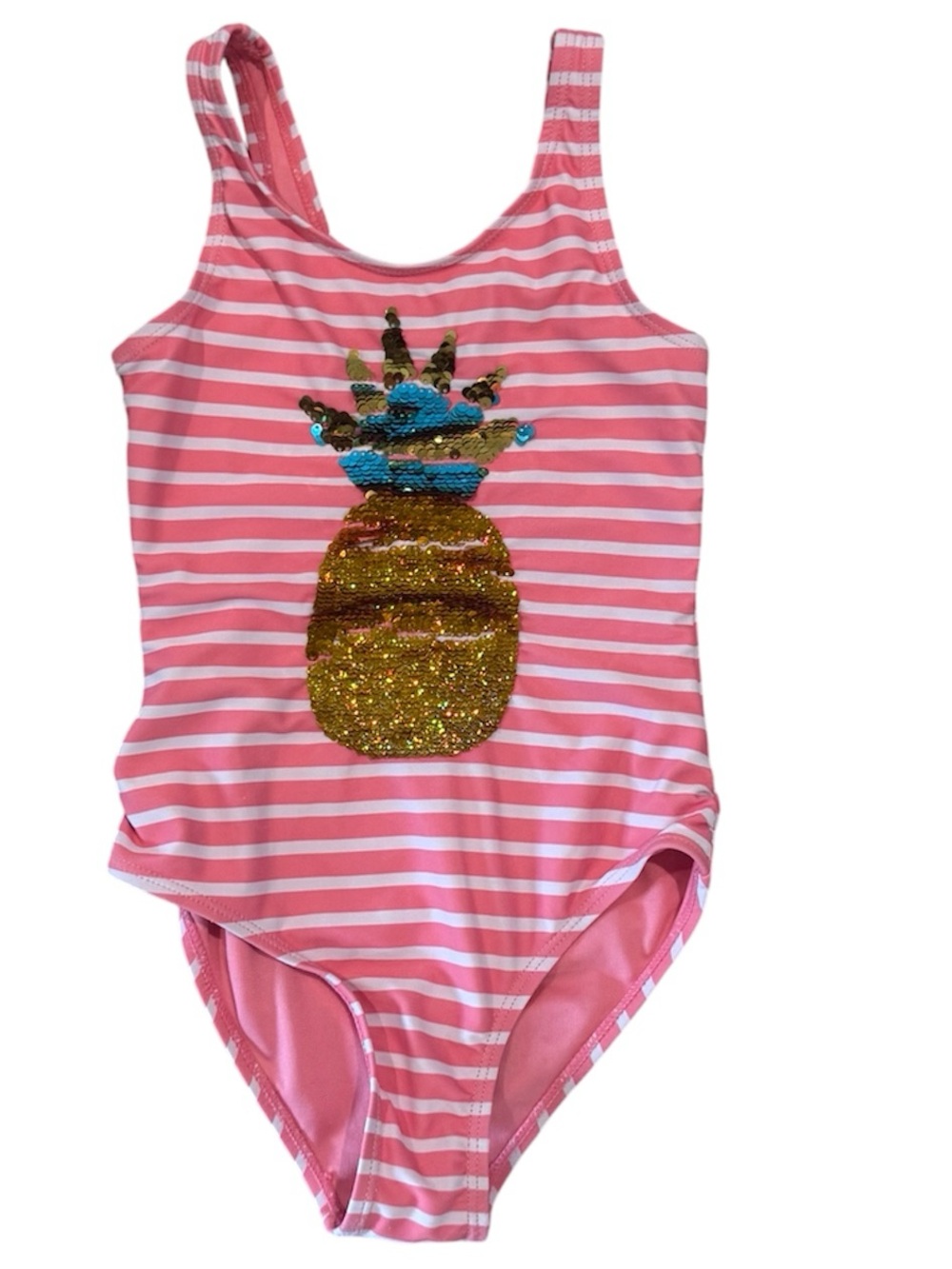 Girls Pink Stripe Pineapple Sequin Gold Sequin One-Piece Swimsuit Size 6